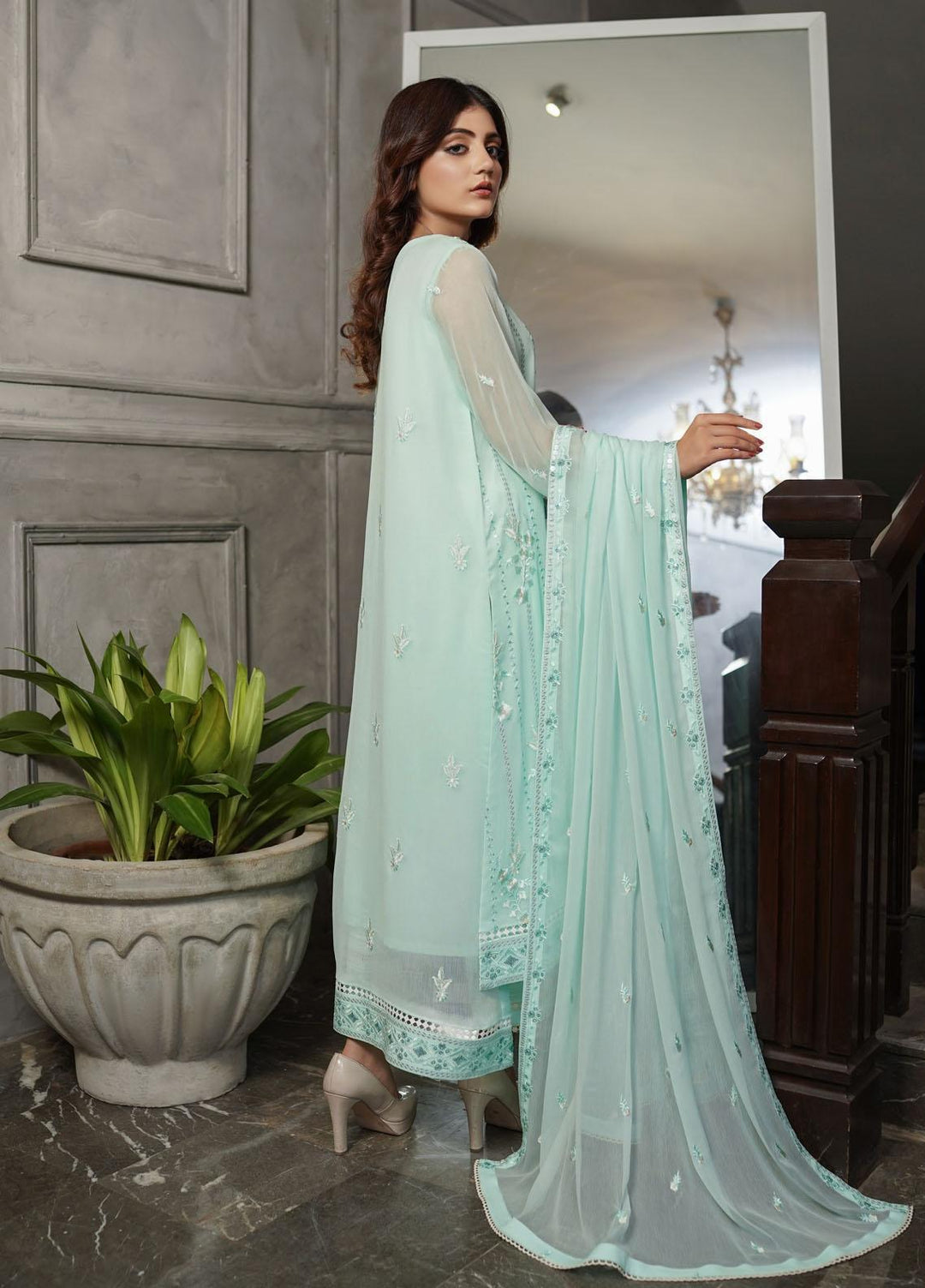 Shamooz Embroidered Chiffon Suits Unstitched 2 Piece SHM22UN Soft Green SU-002 - Luxury Festive Collection