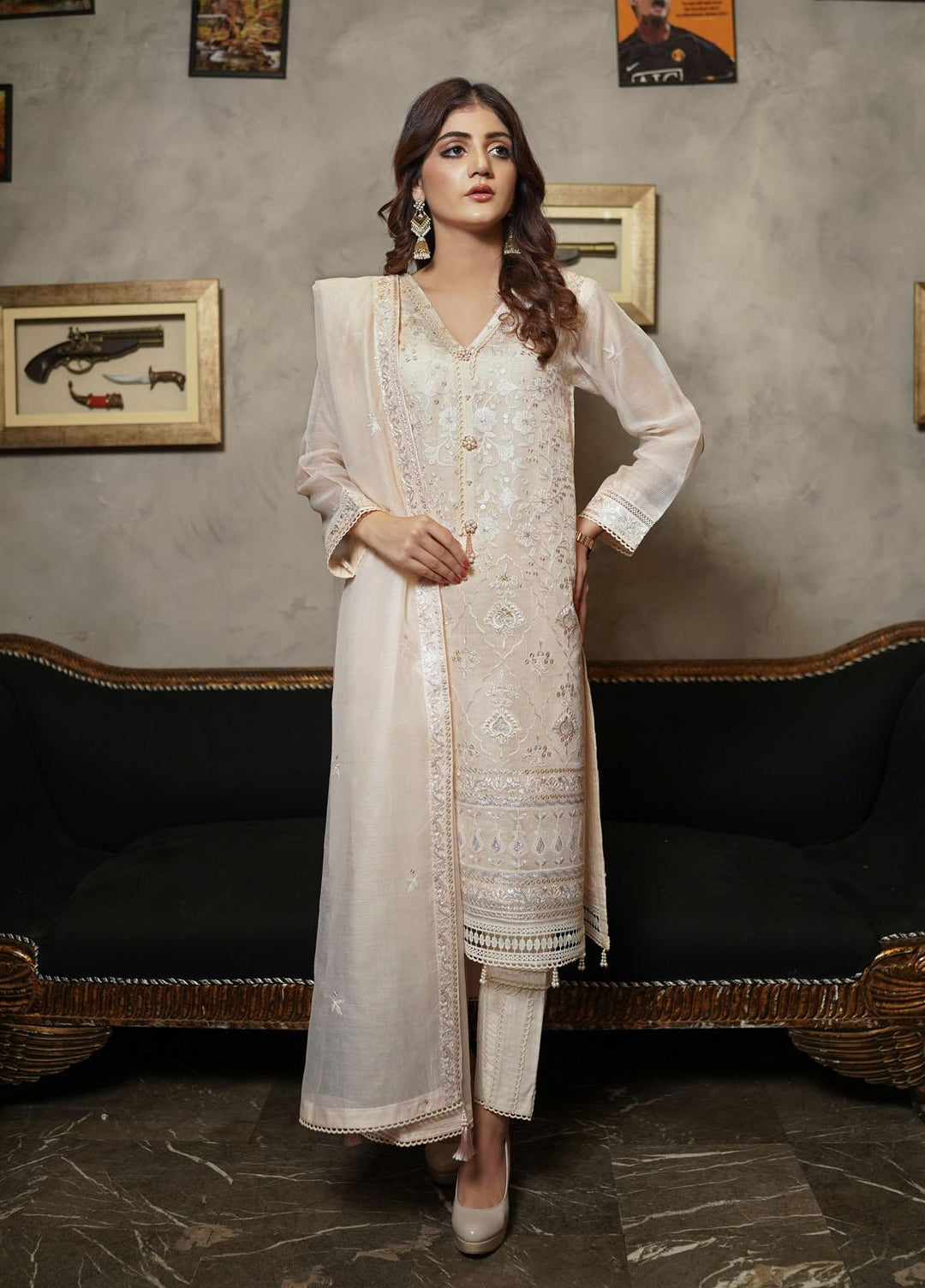 Shamooz Embroidered Silk Net Suits Unstitched 2 Piece SHM22UN Light Peach SU-025 - Luxury Festive Collection