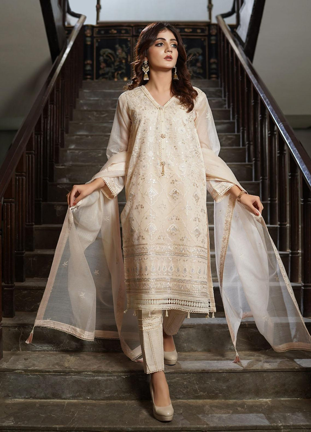 Shamooz Embroidered Silk Net Suits Unstitched 2 Piece SHM22UN Light Peach SU-025 - Luxury Festive Collection