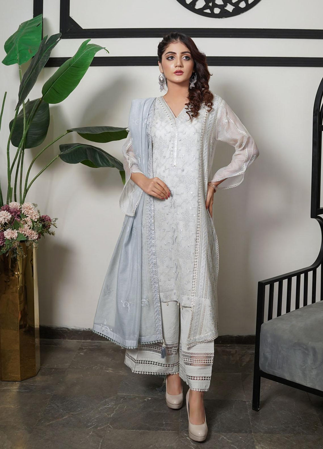 Shamooz Embroidered Khaadi Net Suits Unstitched 2 Piece SHM22UN Cloud Grey SU-018 - Luxury Festive Collection