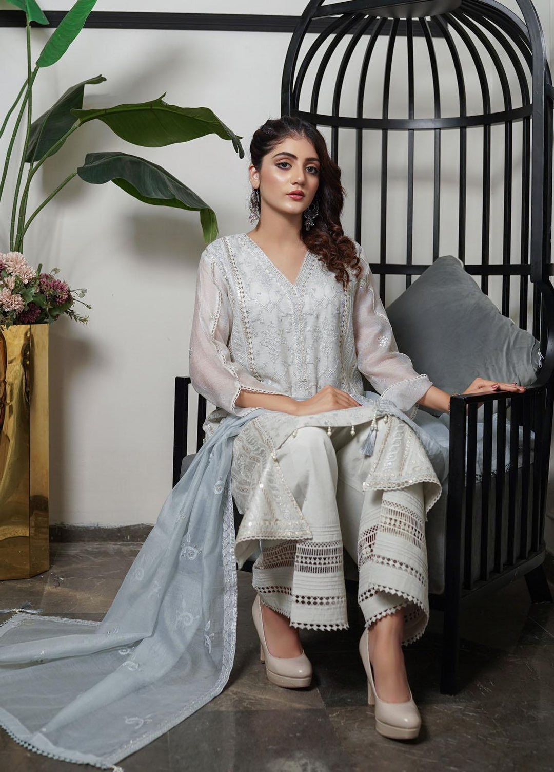Shamooz Embroidered Khaadi Net Suits Unstitched 2 Piece SHM22UN Cloud Grey SU-018 - Luxury Festive Collection