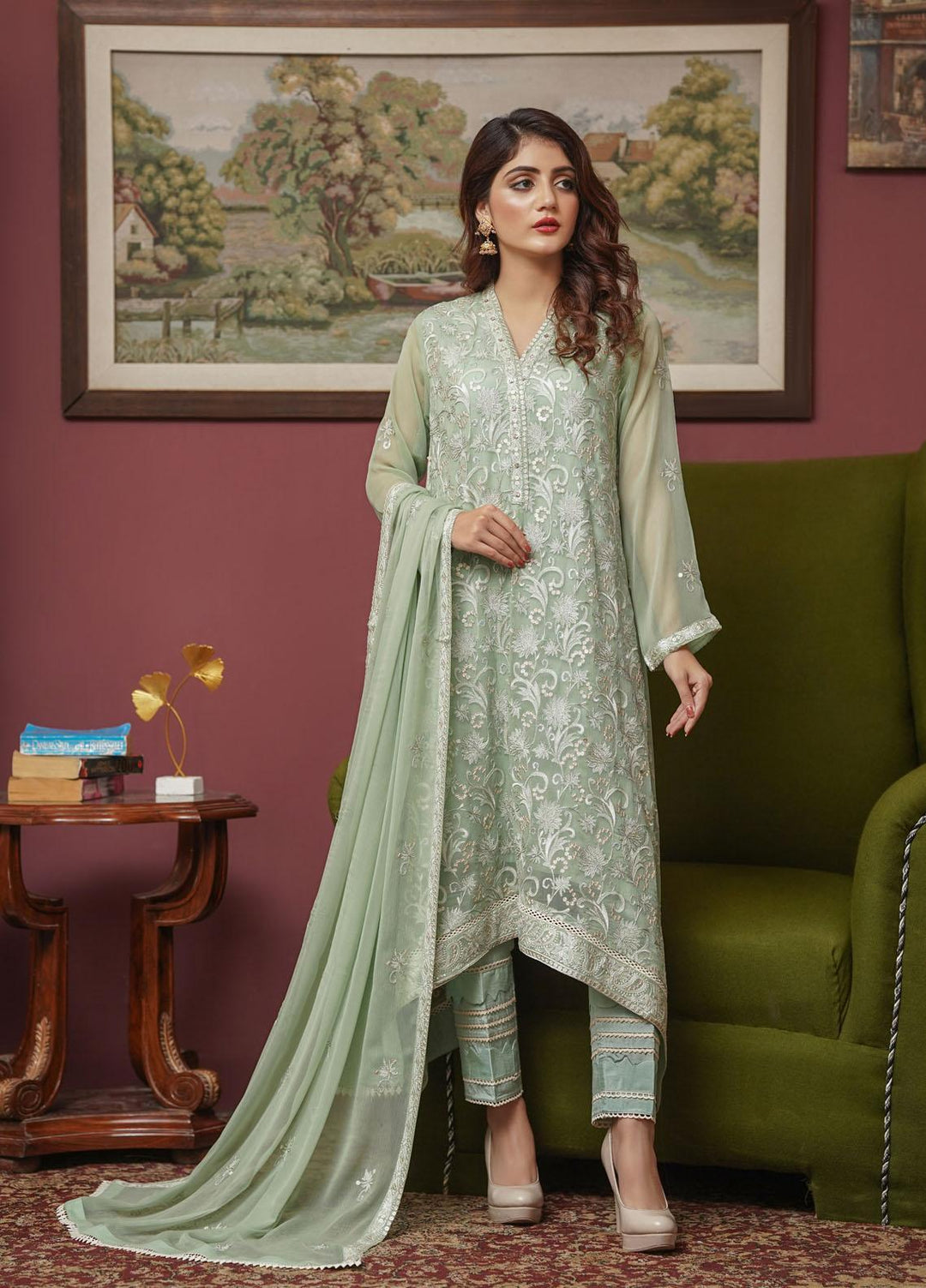 Shamooz Embroidered Chiffon Suits Unstitched 2 Piece SHM22UN Moss Green SU-010 - Luxury Festive Collection