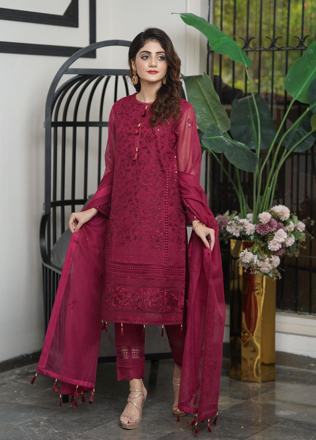 Shamooz Embroidered Silk Net Suits Unstitched 2 Piece SHM22UN Dark Maroon SU-023 - Luxury Festive Collection