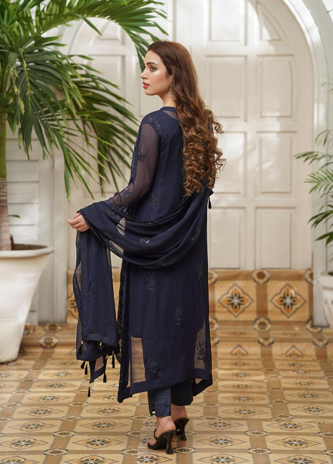 Shamooz Embroidered Chiffon Suits Unstitched 2 Piece SHM22UN Navy Blue SU-009 - Luxury Festive Collection