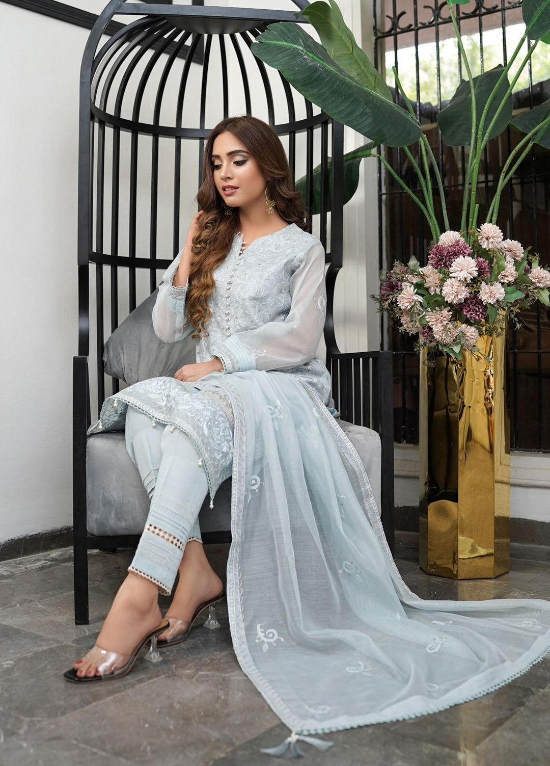 Shamooz Embroidered Silk Net Suits Unstitched 2 Piece SHM22UN Powder Blue SU-020 - Luxury Festive Collection