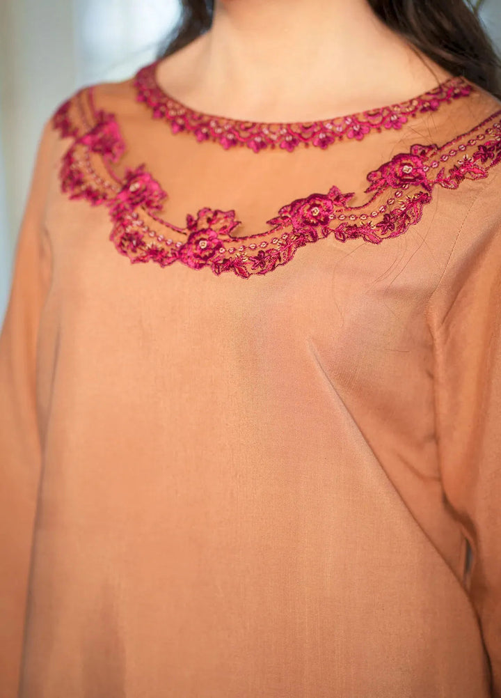 Silkspire by Fozia Khalid Pret Embroidered Raw Silk 3 piece Suit Amber