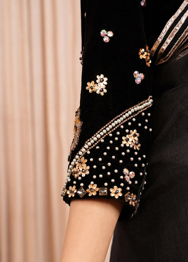 Stitch Vibes Pret Dyed Velvet Saree Marli Onyx