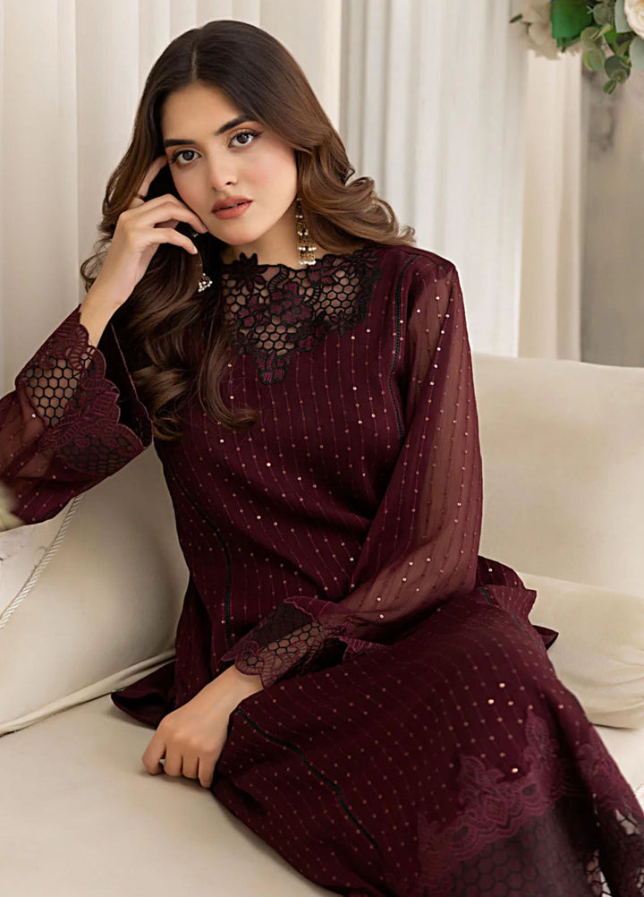 The Classic Fit by Cyanic Pret Embroidered Chiffon 2 Piece Suit Mulberry