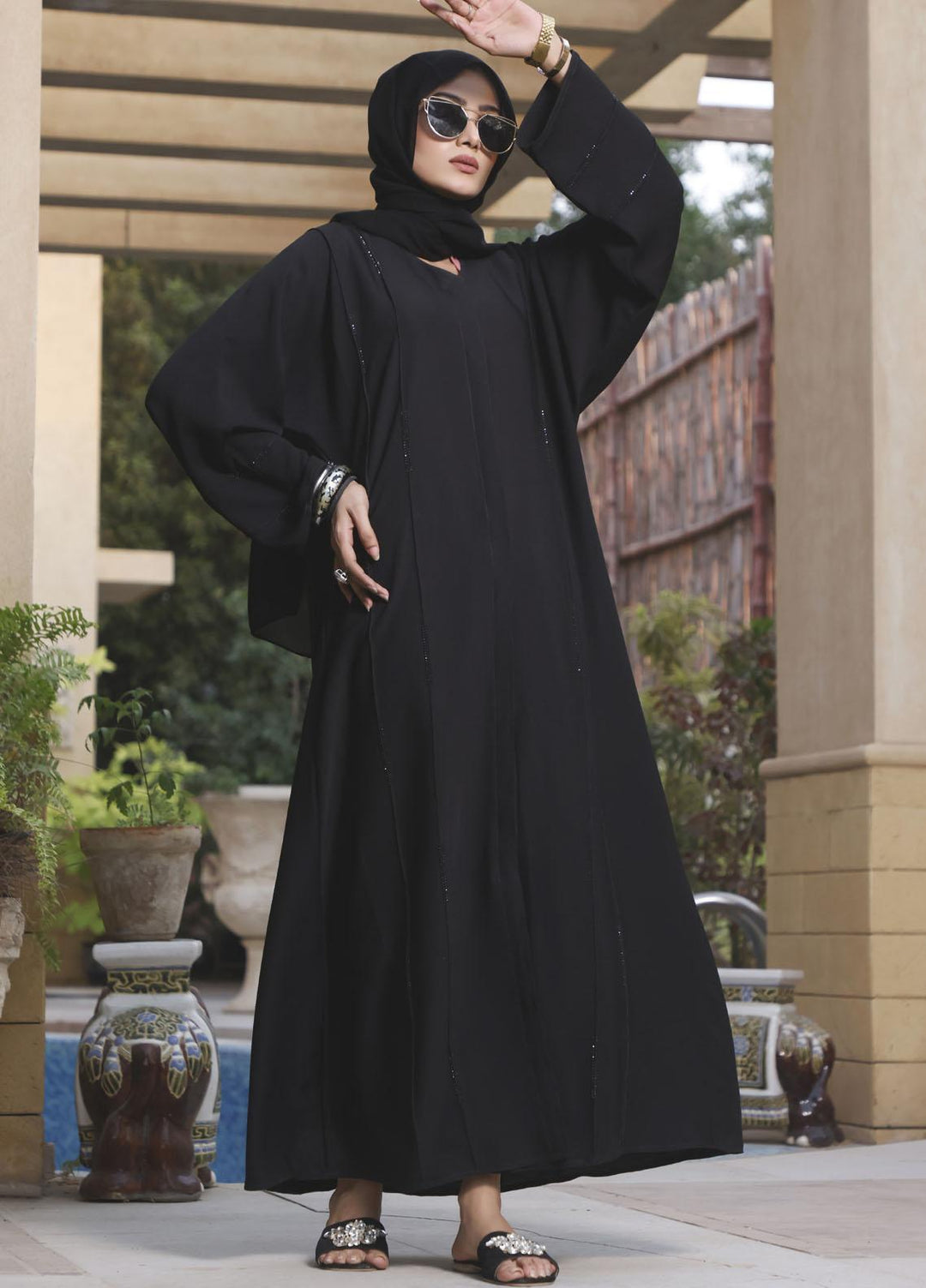 The Great Master (TGM) Front Open Nida Stitched Abaya TGM21A Black Foil