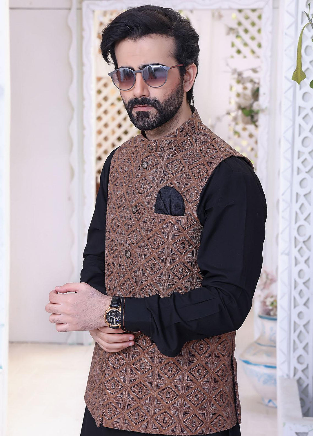 The Great Master (TGM) Raw Silk Festive Waistcoat for Men - Brick Red