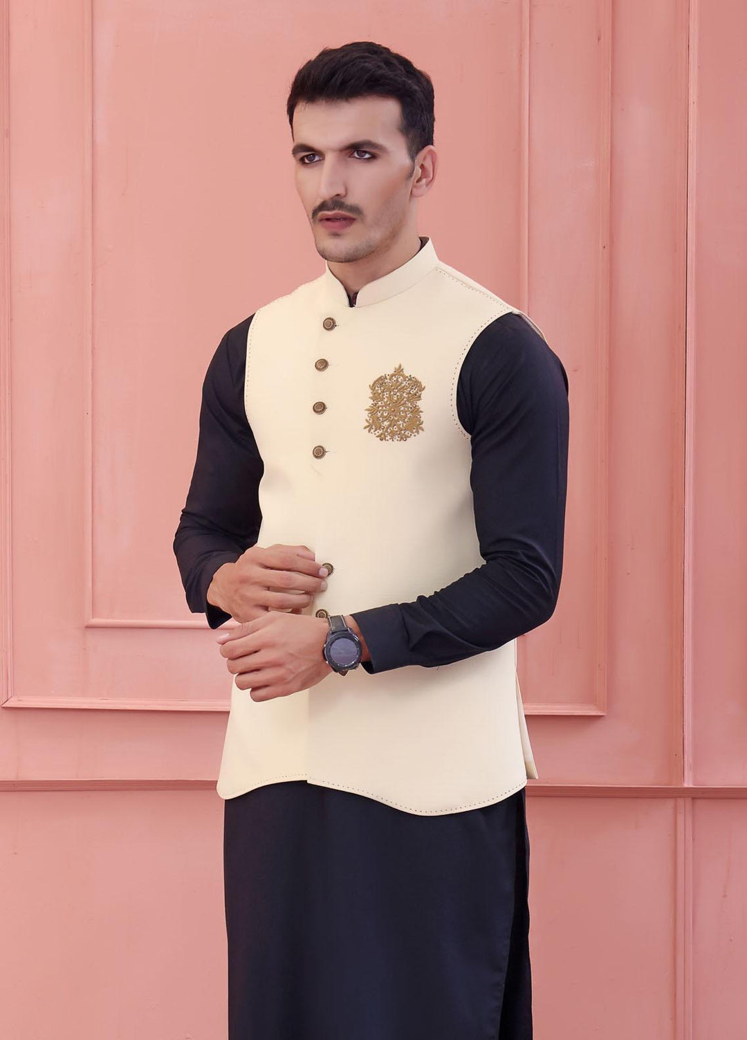 The Great Master (TGM) Jamawar Festive Waistcoat for Men - Golden Cream