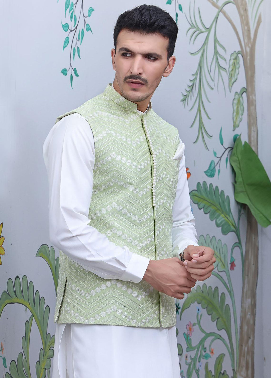 The Great Master (TGM) Jamawar Festive Waistcoat for Men - Leaf Bird