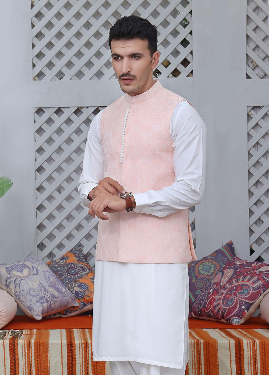 The Great Master (TGM) Jamawar Festive Waistcoat for Men - Petal Pink