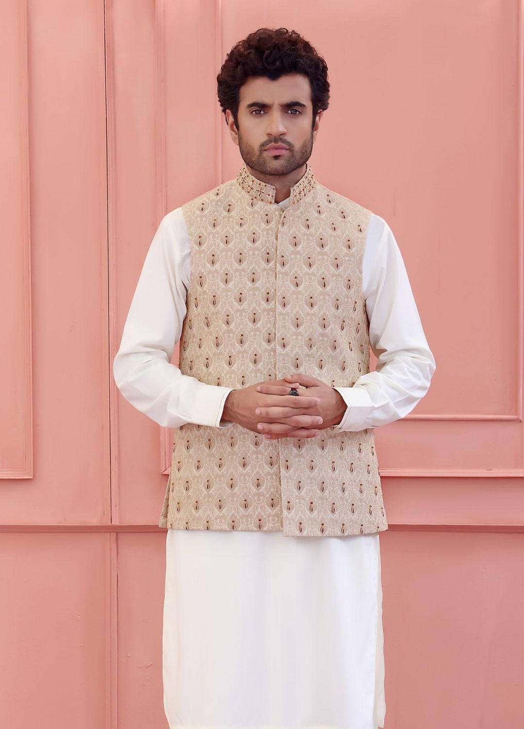 The Great Master (TGM) Jamawar Festive Waistcoat for Men - Senna Beige