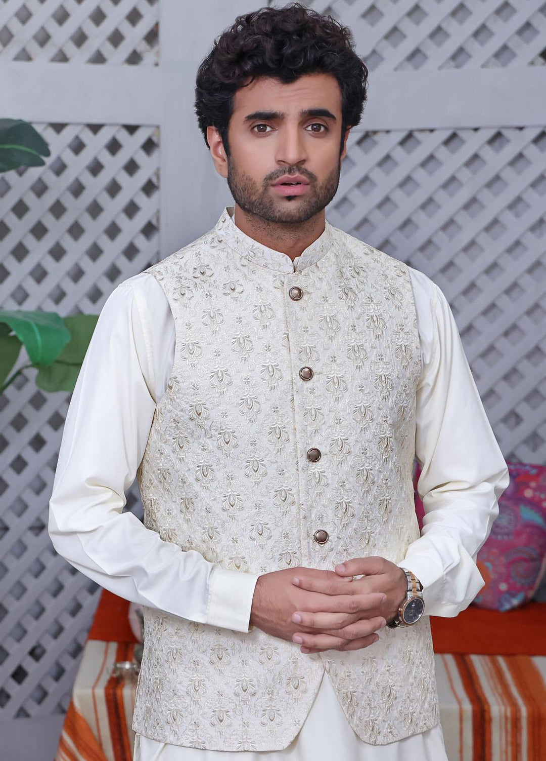 The Great Master (TGM) Jamawar Festive Waistcoat for Men - White Pointer