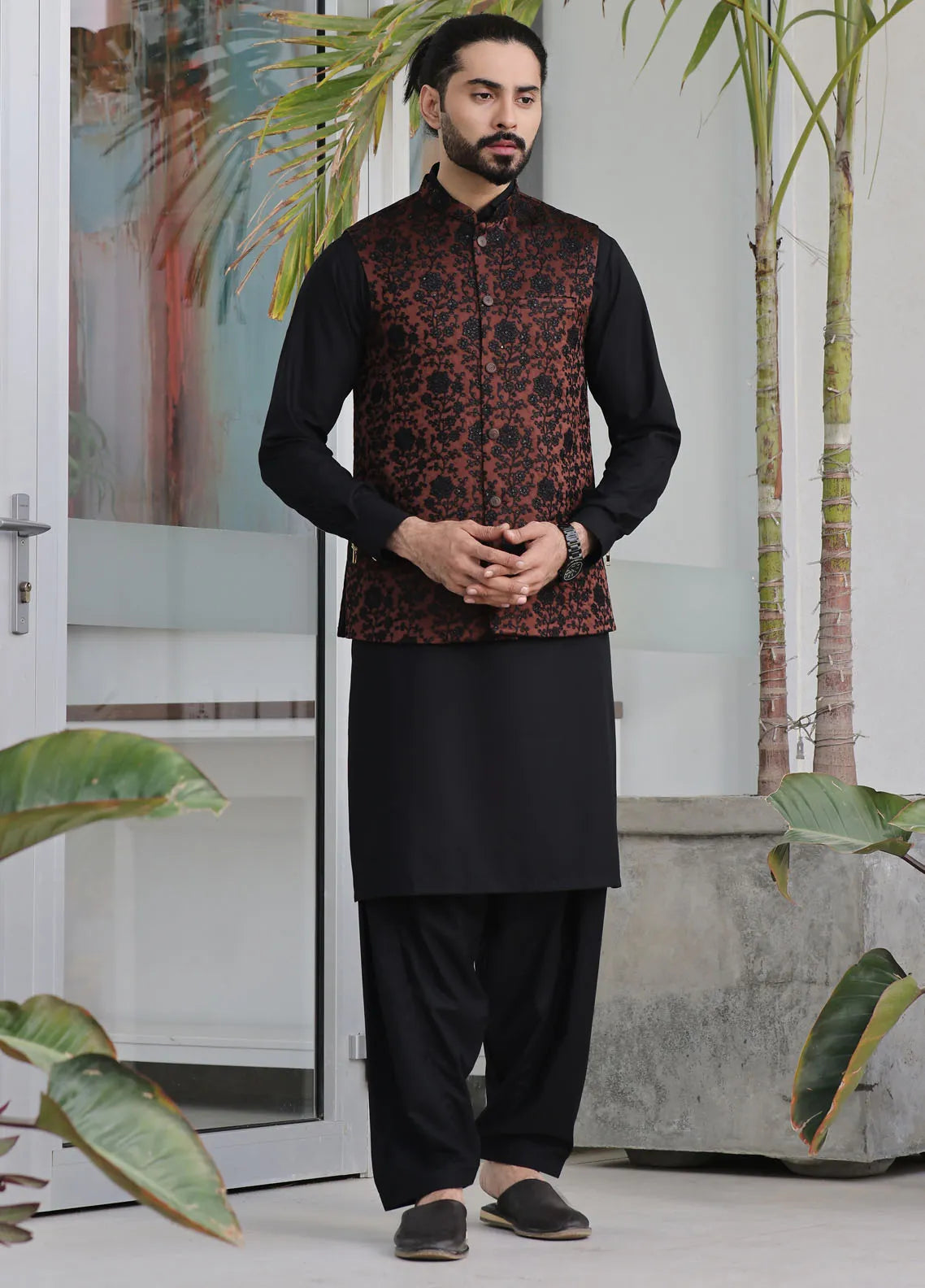 The Great Master (TGM) Wash N Wear Festive Waistcoat 3 Piece Suit for Men -  Seal Brown main image 1