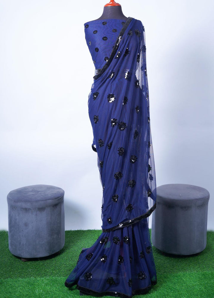 Vibgyor Fashion Embroidered Net  Unstitched Saree S1-C1-23U Chakra Blue - Festive Collection