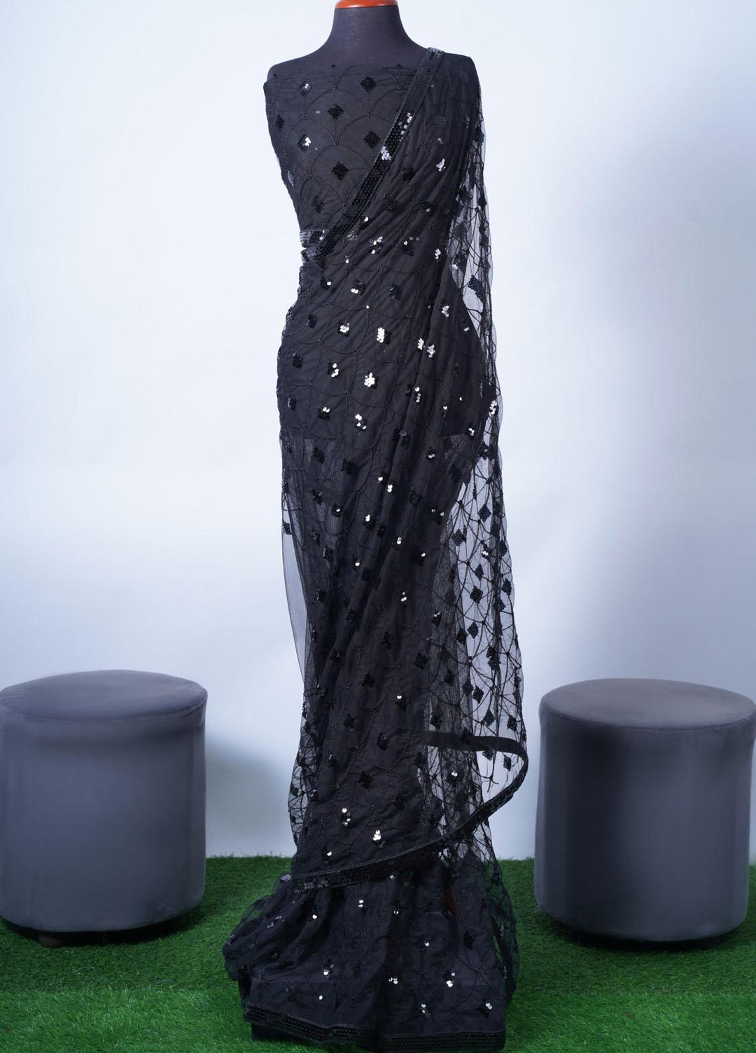 Vibgyor Fashion Embroidered Net  Unstitched Saree S4-23U Mihrab Black - Festive Collection