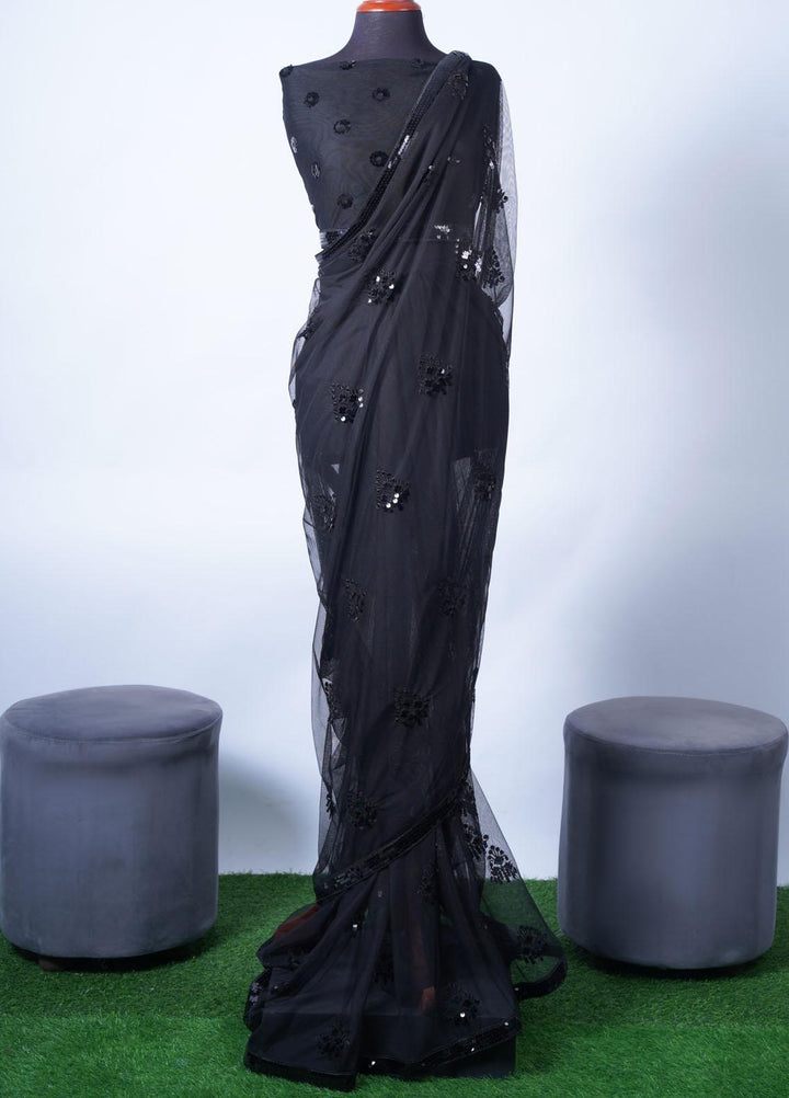 Vibgyor Fashion Embroidered Net  Unstitched Saree S5-23U Chakra Flora Black - Festive Collection