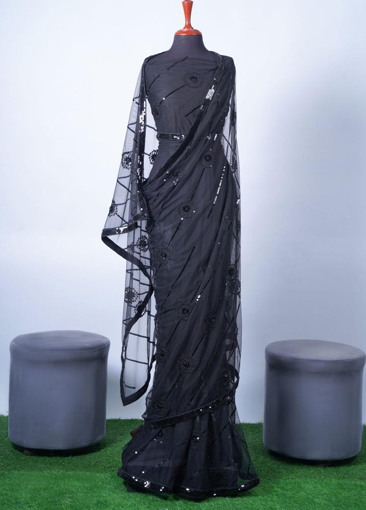Vibgyor Fashion Embroidered Net  Unstitched Saree S7-23U Circulus Black - Festive Collection