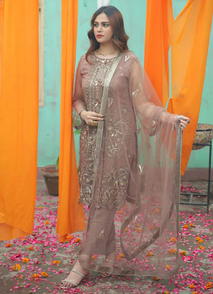 Layout Pret Embroidered Net 4 Piece Suit Cocoa