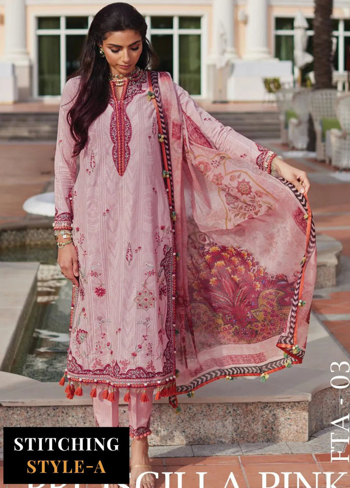 Wes by Farah Talib Embroidered Lawn Suits Unstitched 3 Piece FTA25WL FTA-03 Prciscilla Pink - Luxury Collection