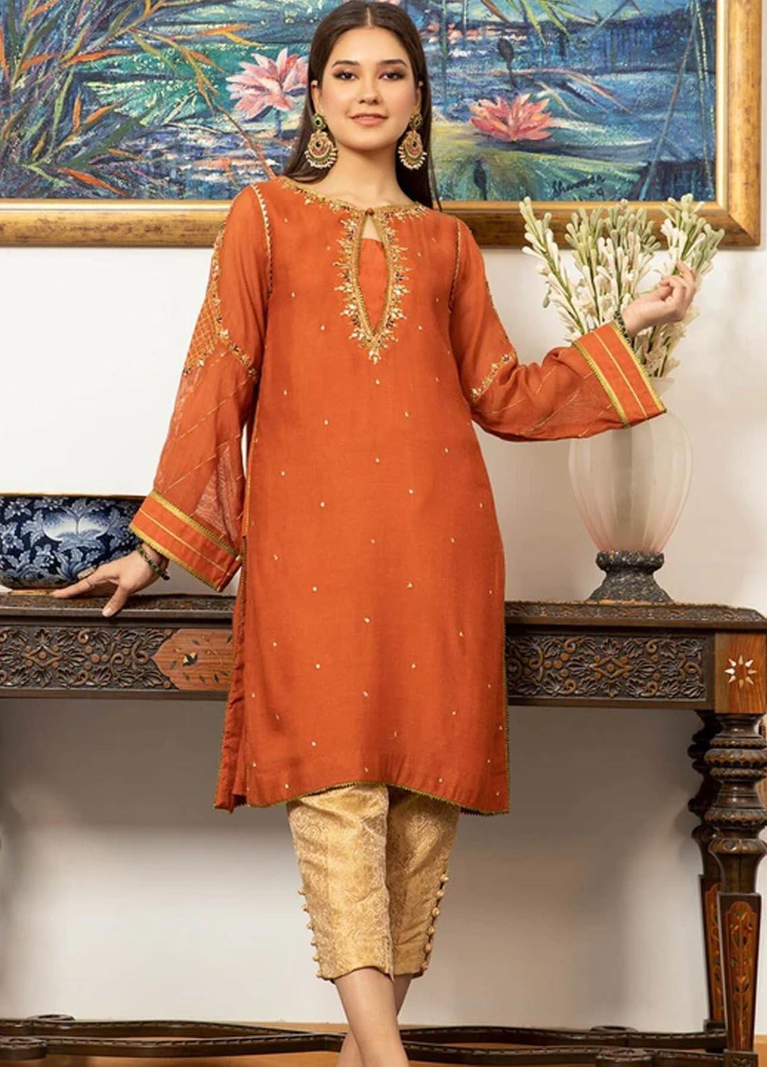 Zaaviay Pret Luxury Khaadi Net Kurti ZV21LP ZPR-052 Zoranj