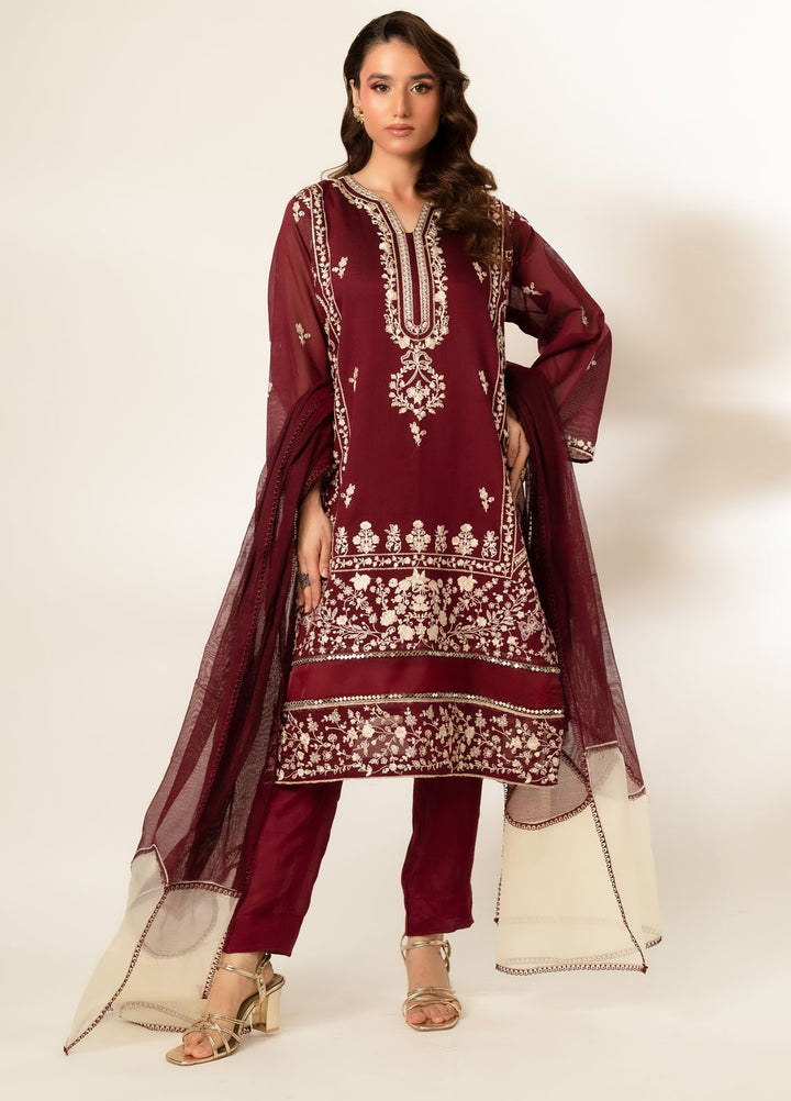 Zaaviay Pret Embroidered Cotton Net 3 Piece Suit Maroon Majesty