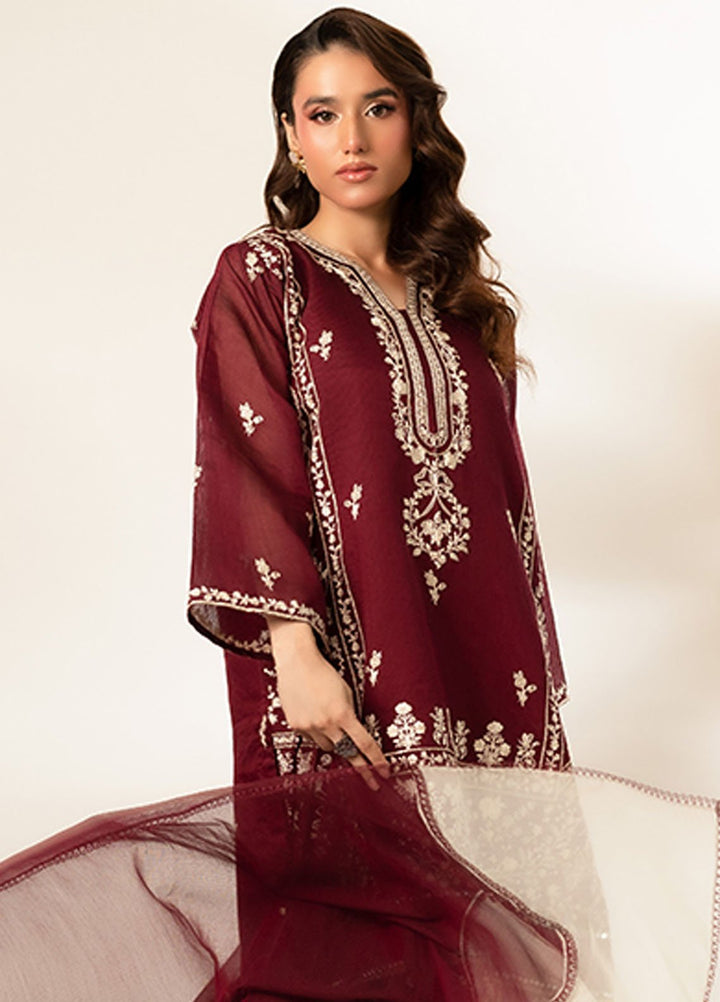 Zaaviay Pret Embroidered Cotton Net 3 Piece Suit Maroon Majesty