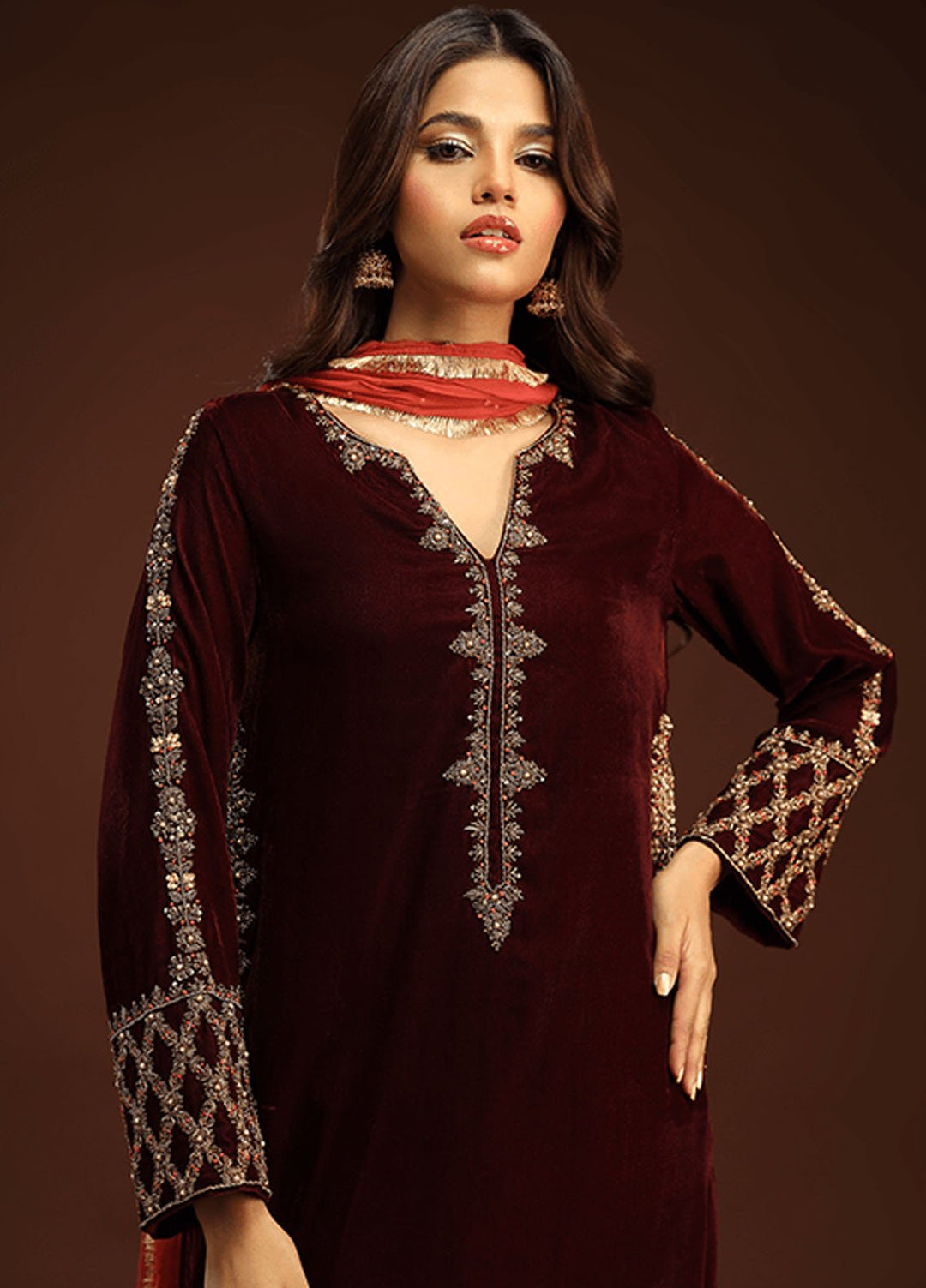 Zaaviay Pret Embroidered Velvet 3 Piece Suit Hazel