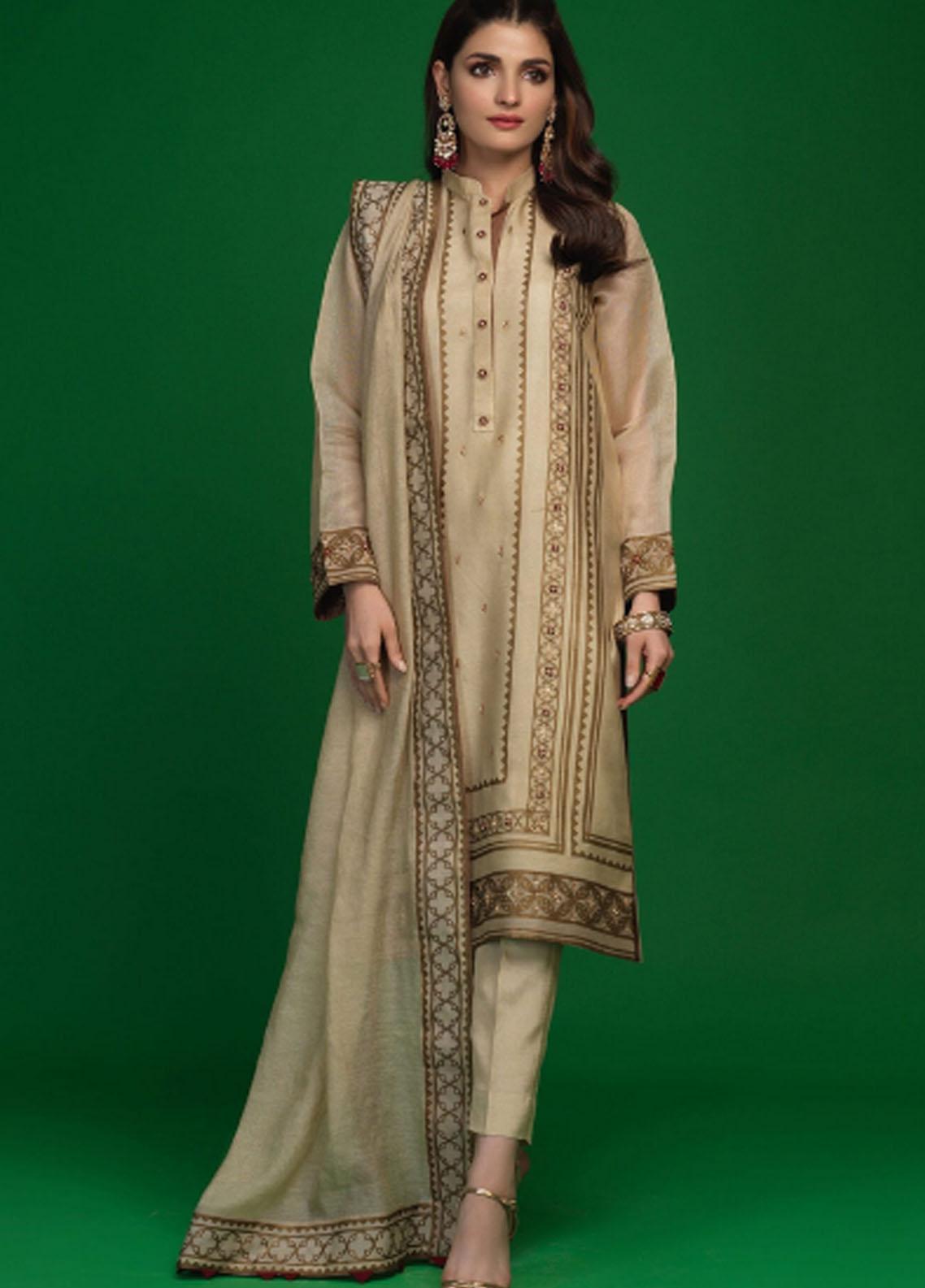 Zaaviay Luxury Pret Embroidered Khaadi Net 3 Piece Dress Pankh