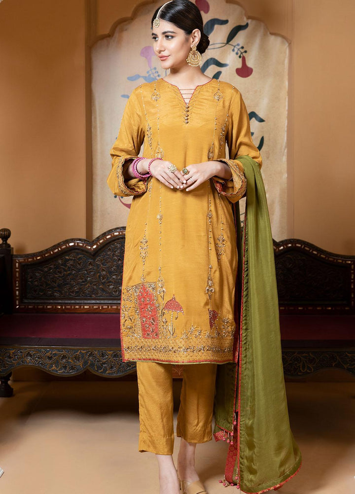 Zaaviay Luxury Pret Embroidered Raw Silk 3 Piece Dress Marvi