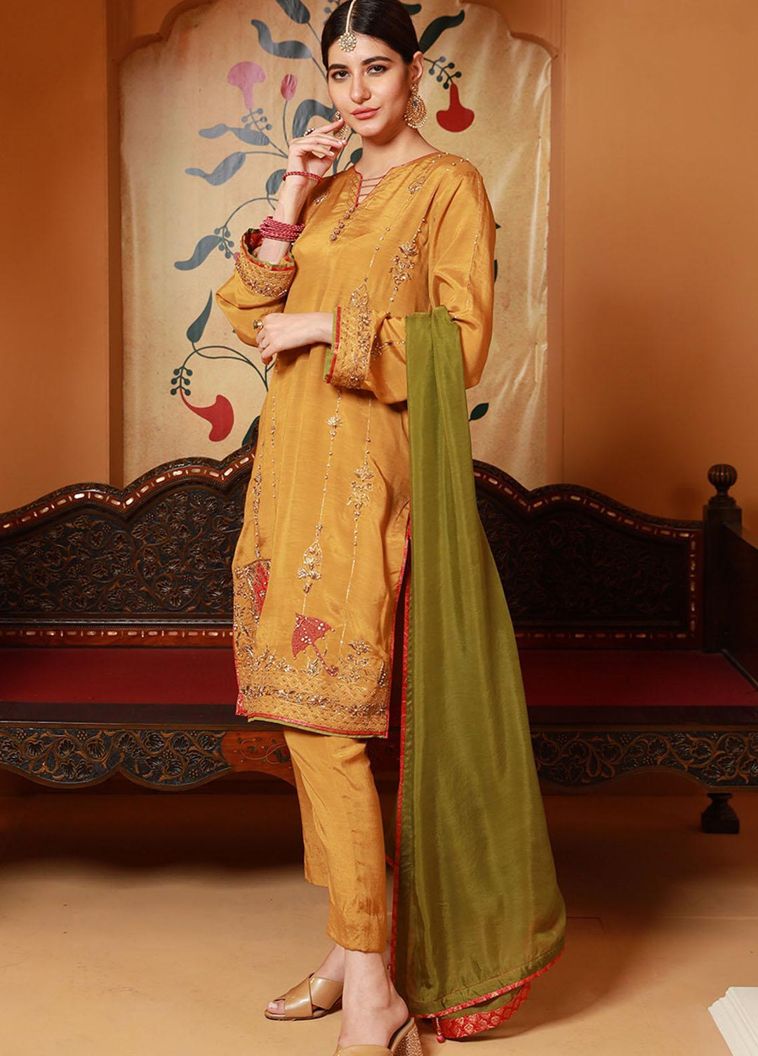 Zaaviay Luxury Pret Embroidered Raw Silk 3 Piece Dress Marvi