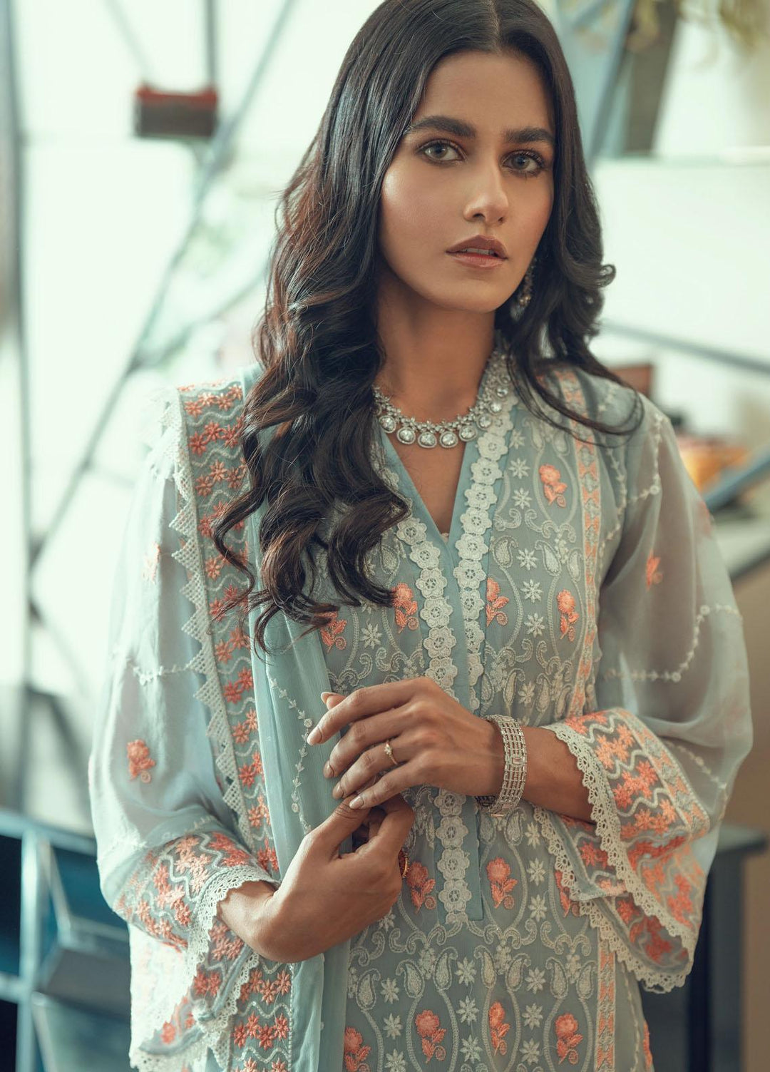 Fascino Embroidered Chiffon Suits Unstitched 3 Piece FN21Z Gray Fries - Luxury Collection