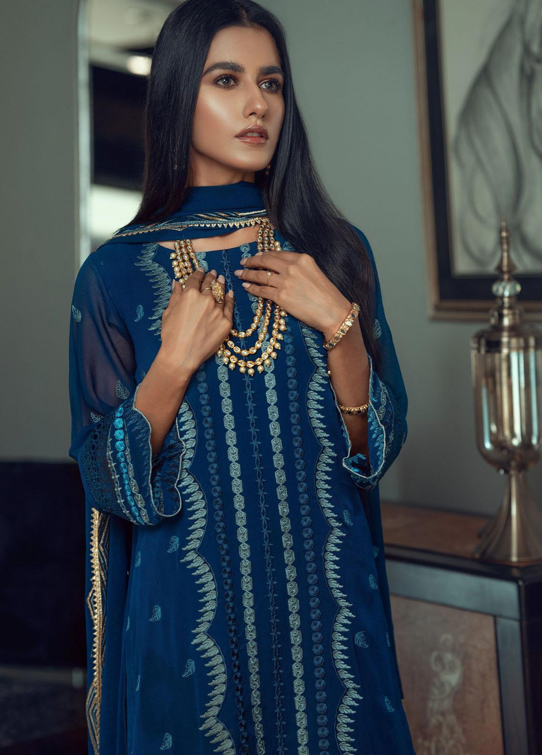 Fascino Embroidered Chiffon Suits Unstitched 3 Piece FN21Z Gloomy Blue - Luxury Collection