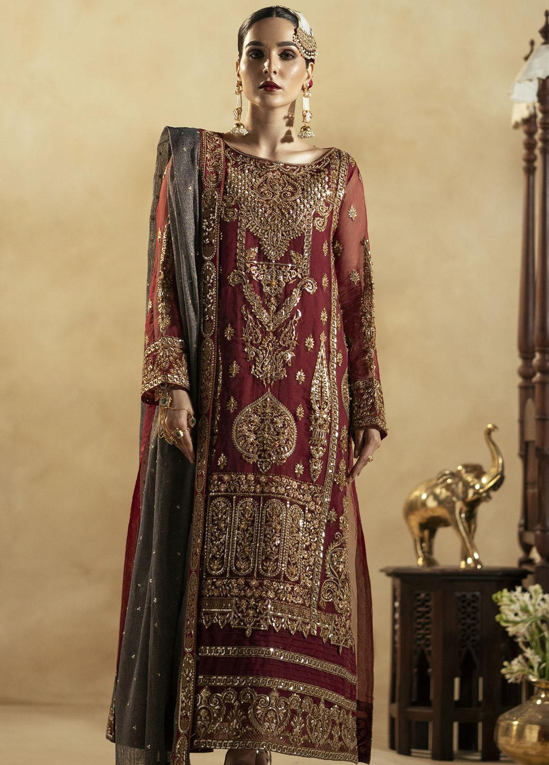 Zamani Begum By Maryum N Maria Embroidered Organza Suits Unstitched 3 Piece MNM23ZB MW23517 Ruby - Wedding Collection