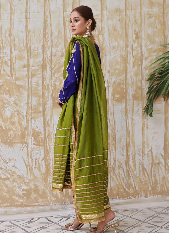 Zainab Hasan Pret Embriodered Korean Silk  3 Piece Midnight blue ZHF-129