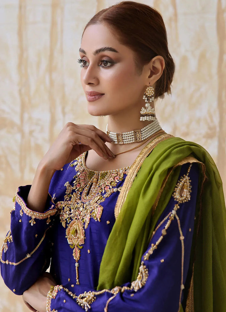 Zainab Hasan Pret Embriodered Korean Silk  3 Piece Midnight blue ZHF-129