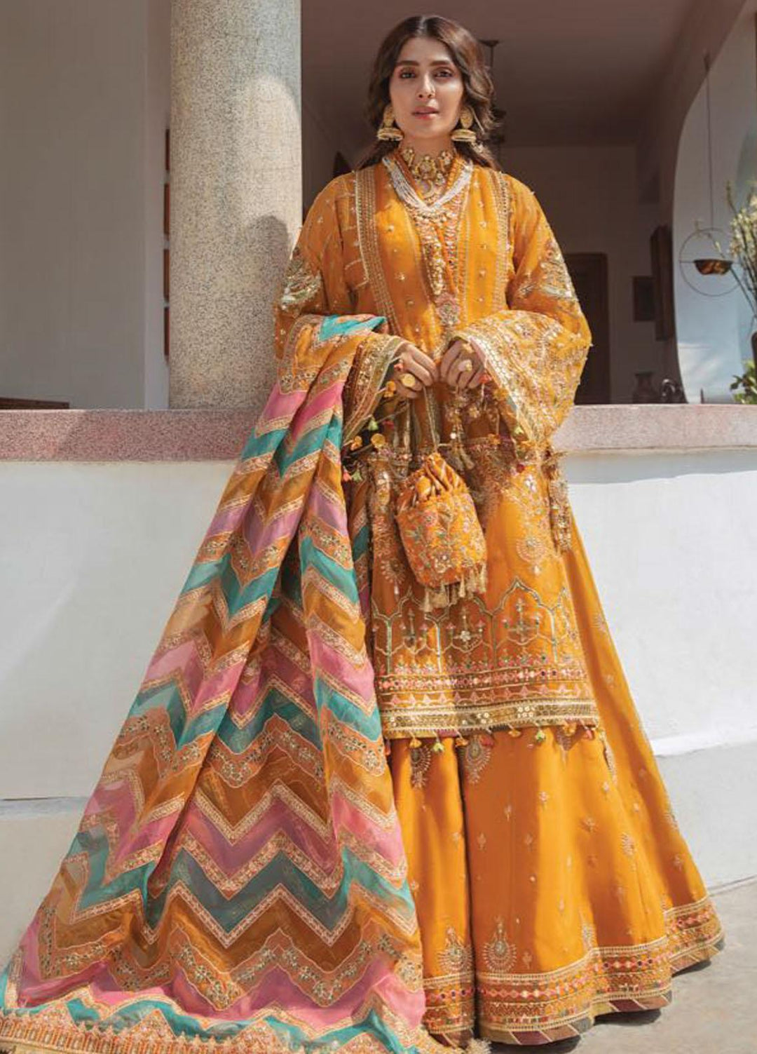 Zarlish by MNR Embroidered Organza Suits Unstitched 3 Piece MNR21Z HENNA (ZWU-21-07) - Luxury Formals Collection
