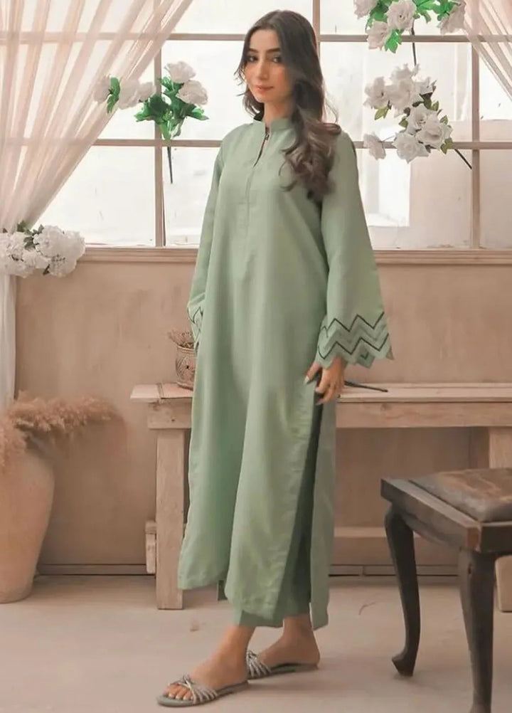 Zauk Luxury Pret Embroidered Raw Silk 2 Piece Suit Apple Green