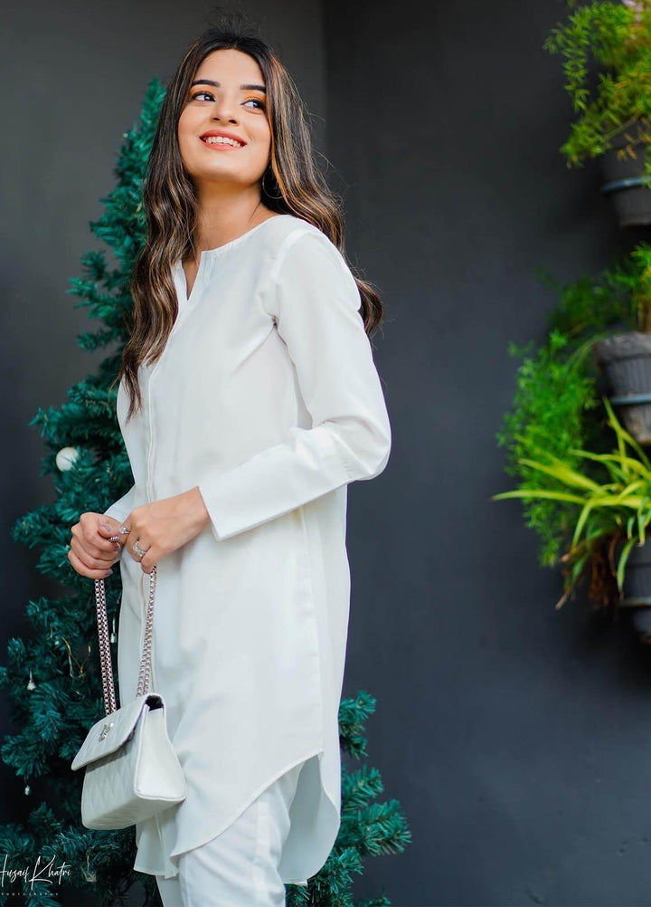 Zauk Casual Pret  Crepe 2 Piece Dress ZK23CW White two piece