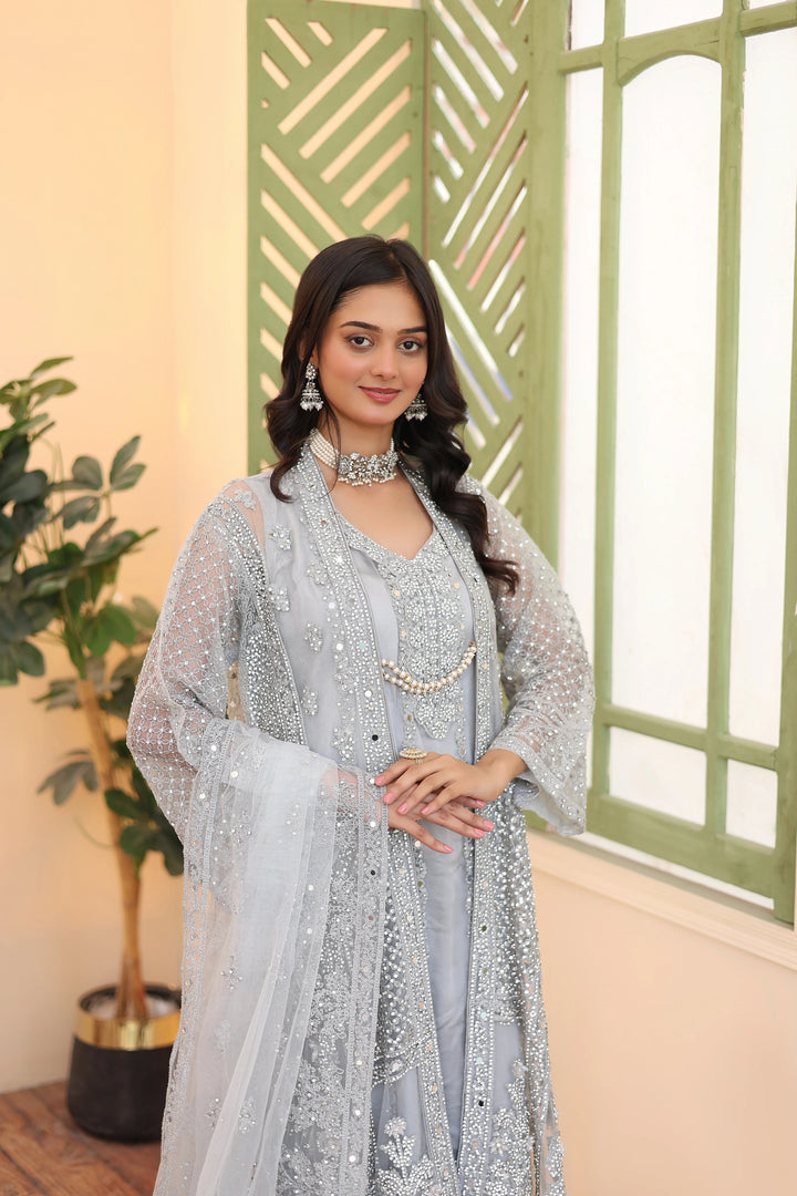 Zohan Ateeq Pret Embroidered Net 4 Piece Suit Maya Grey