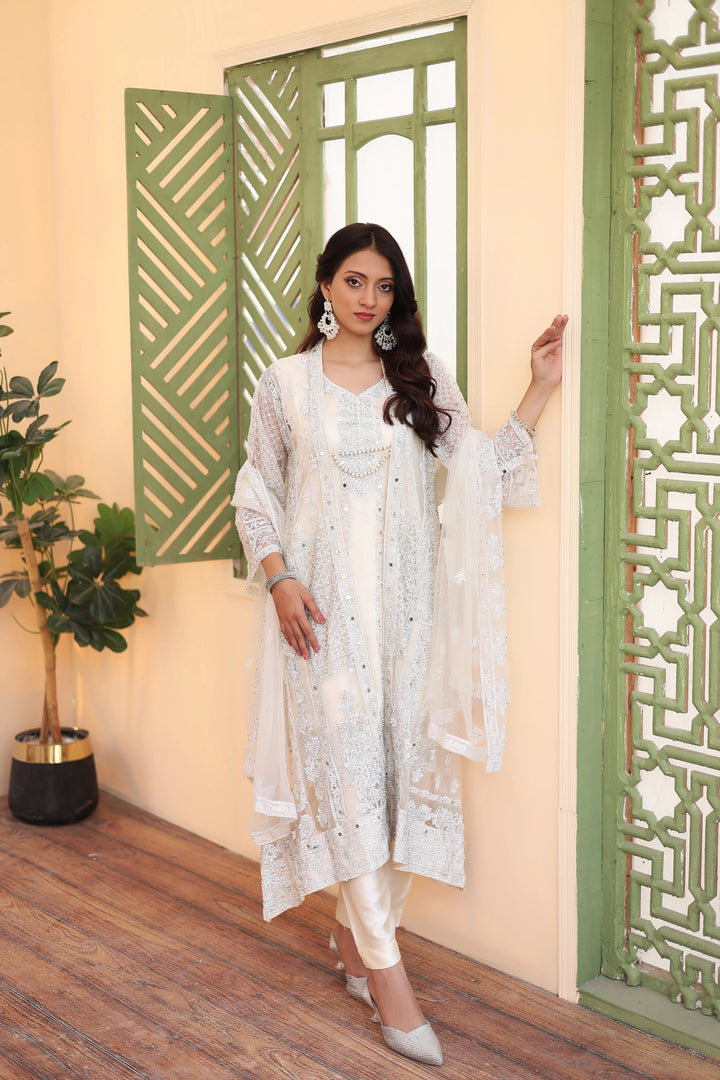 Zohan Ateeq Pret Embroidered Net 4 Piece Suit Maya White