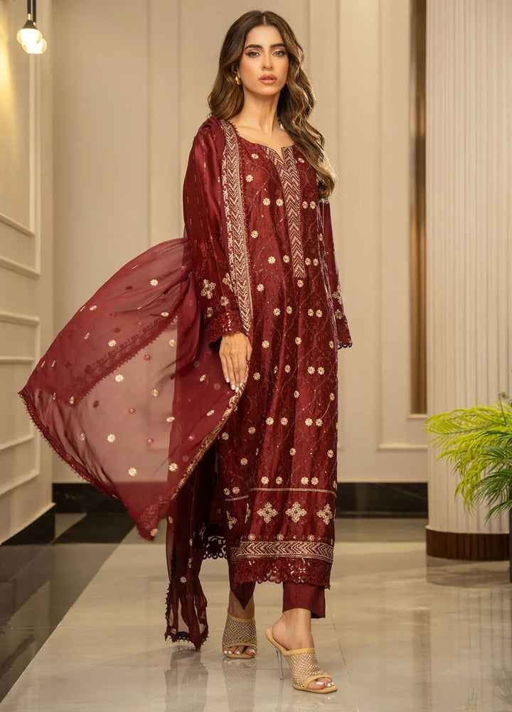 Zouj Embroidered Silk Suits Unstitched 3 Piece ZJ24LS ZSS-01 Royal Crimson - Fall Collection
