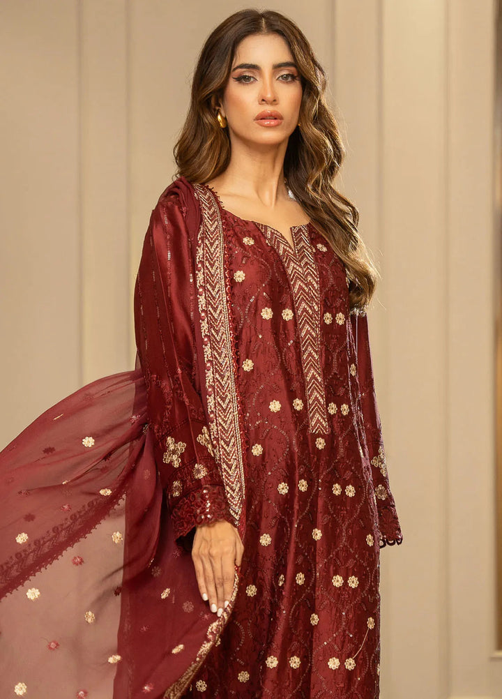 Zouj Embroidered Silk Suits Unstitched 3 Piece ZJ24LS ZSS-01 Royal Crimson - Fall Collection