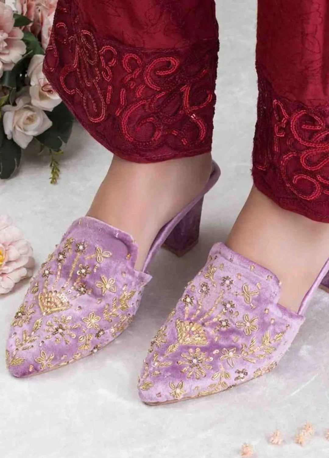 Zuruj Festive Style Heel Mules HM-238-Lilac Purple