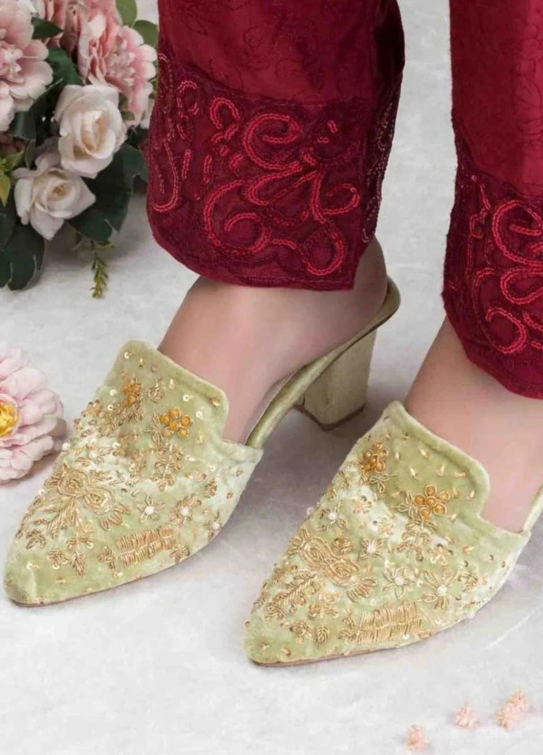 Zuruj Festive Style Heel Mules HM-239-PISTA GREEN