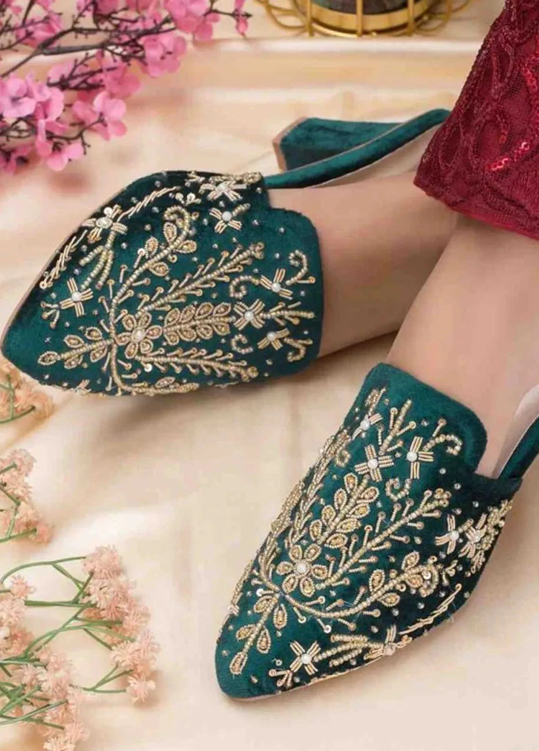 Zuruj Festive Style Heel Mules HM-240-Bottle Green