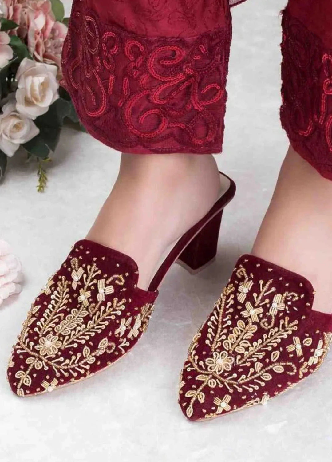 Zuruj Festive Style Heel Mules HM-240-Maroon