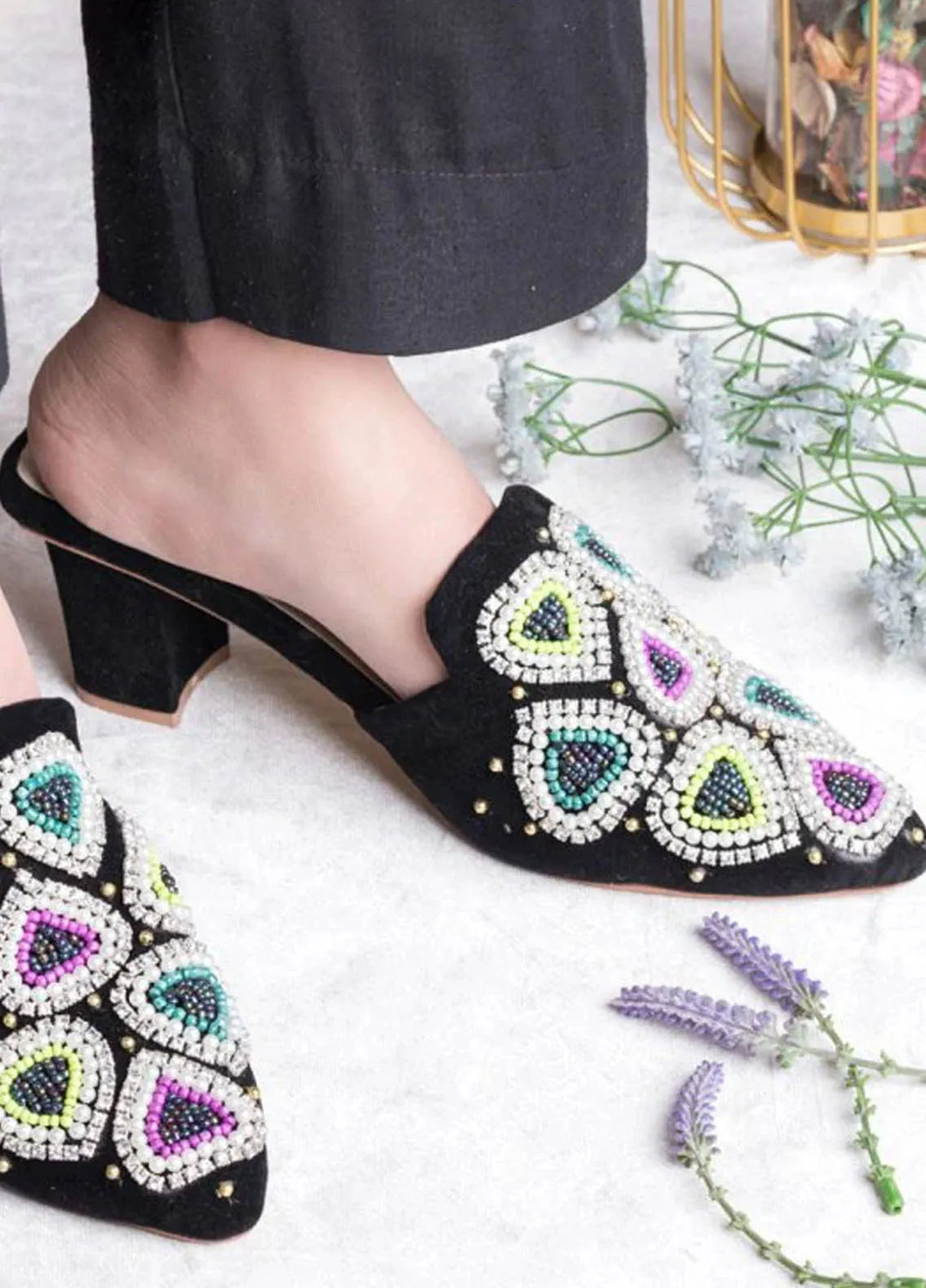 Zuruj Festive Style Heel Mules HM-255-Black